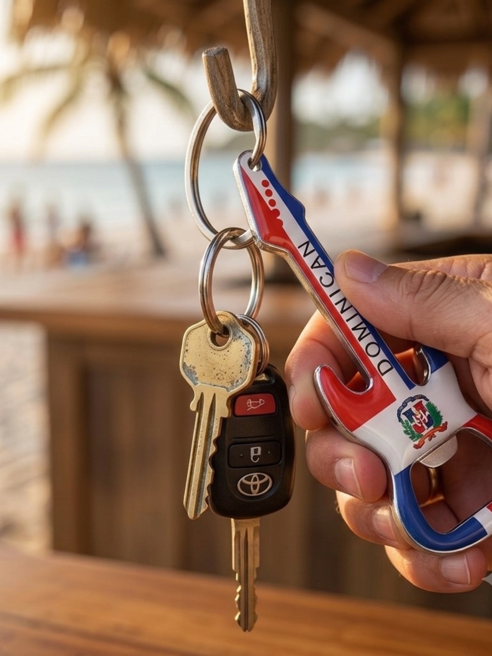 Dominican Republic Guitar Bottle Opener Keychain - Red White Blue